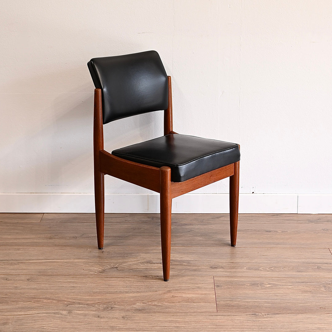 6x Mid Century Teak Black Vinyl Dining Chairs by Chiswell