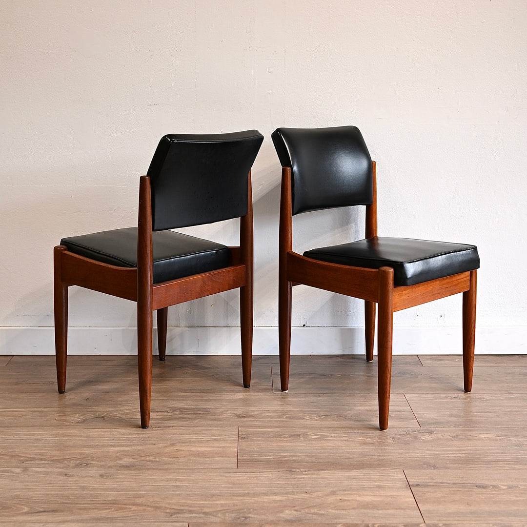 6x Mid Century Teak Black Vinyl Dining Chairs by Chiswell