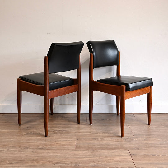 6x Mid Century Teak Black Vinyl Dining Chairs by Chiswell