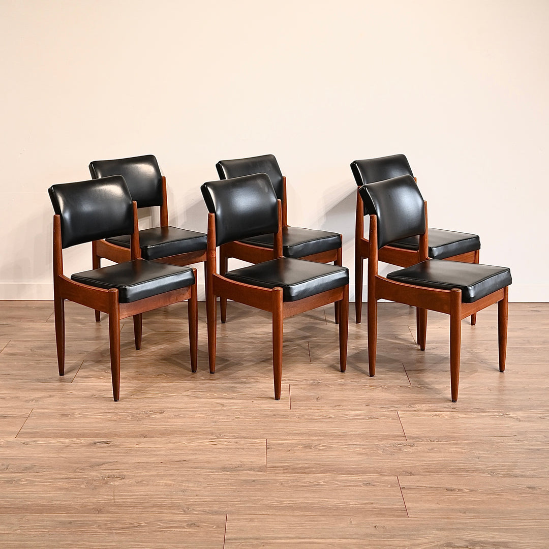 6x Mid Century Teak Black Vinyl Dining Chairs by Chiswell