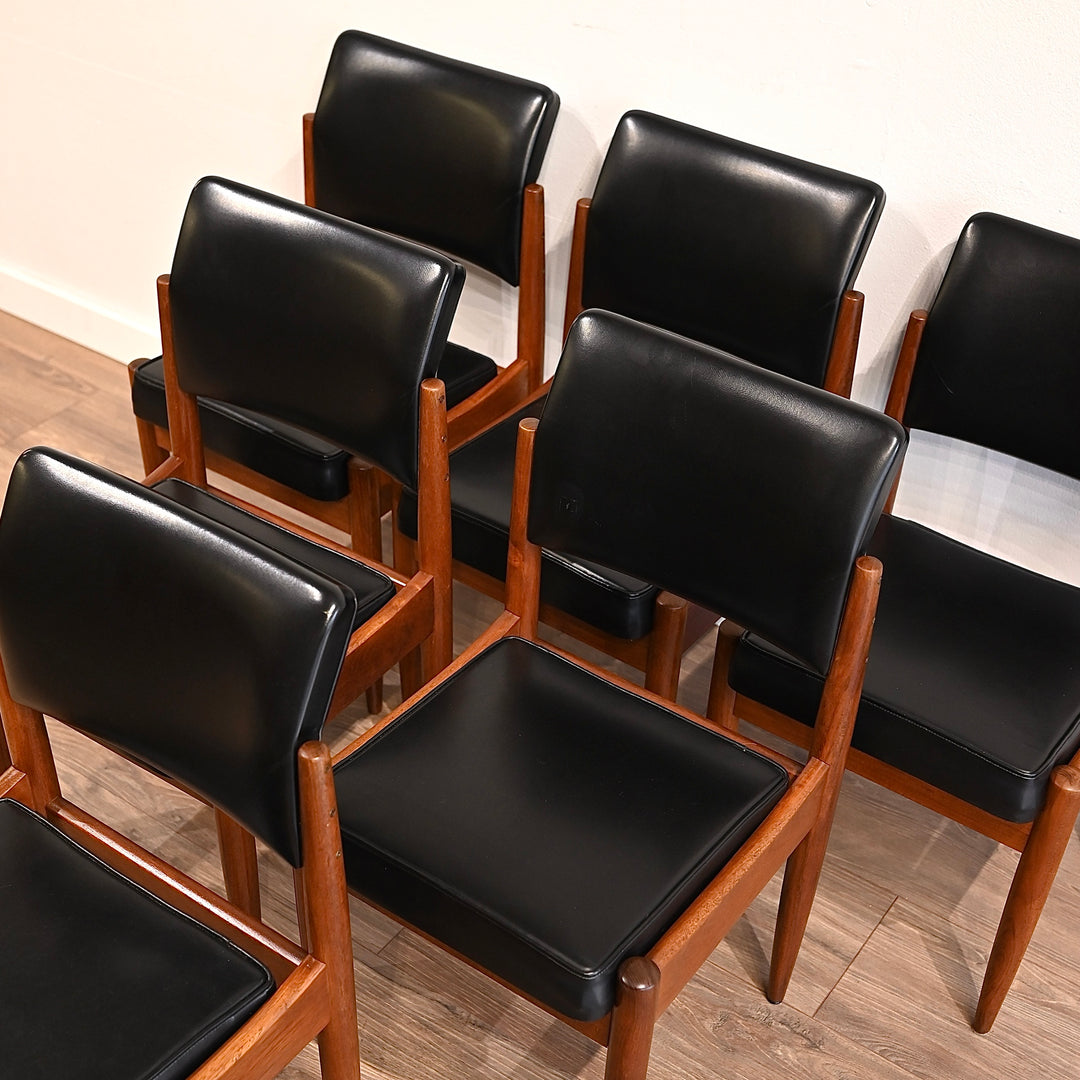 6x Mid Century Teak Black Vinyl Dining Chairs by Chiswell