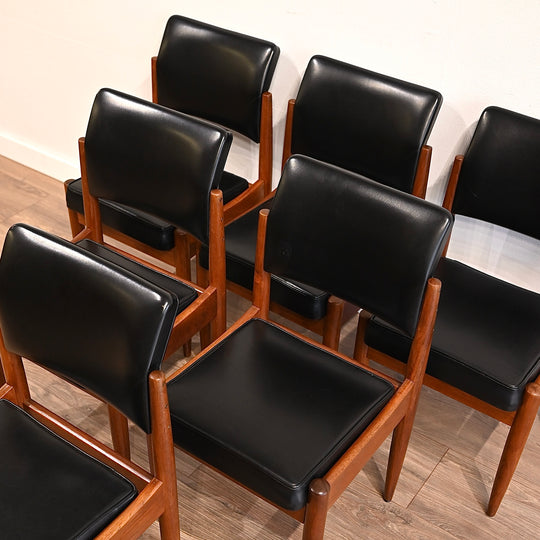 6x Mid Century Teak Black Vinyl Dining Chairs by Chiswell