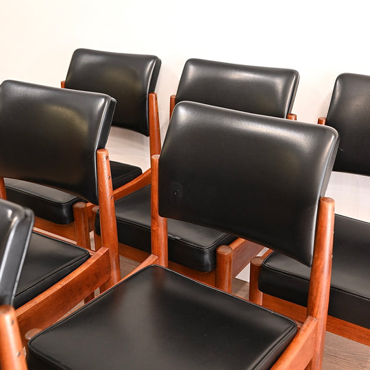 6x Mid Century Teak Black Vinyl Dining Chairs by Chiswell