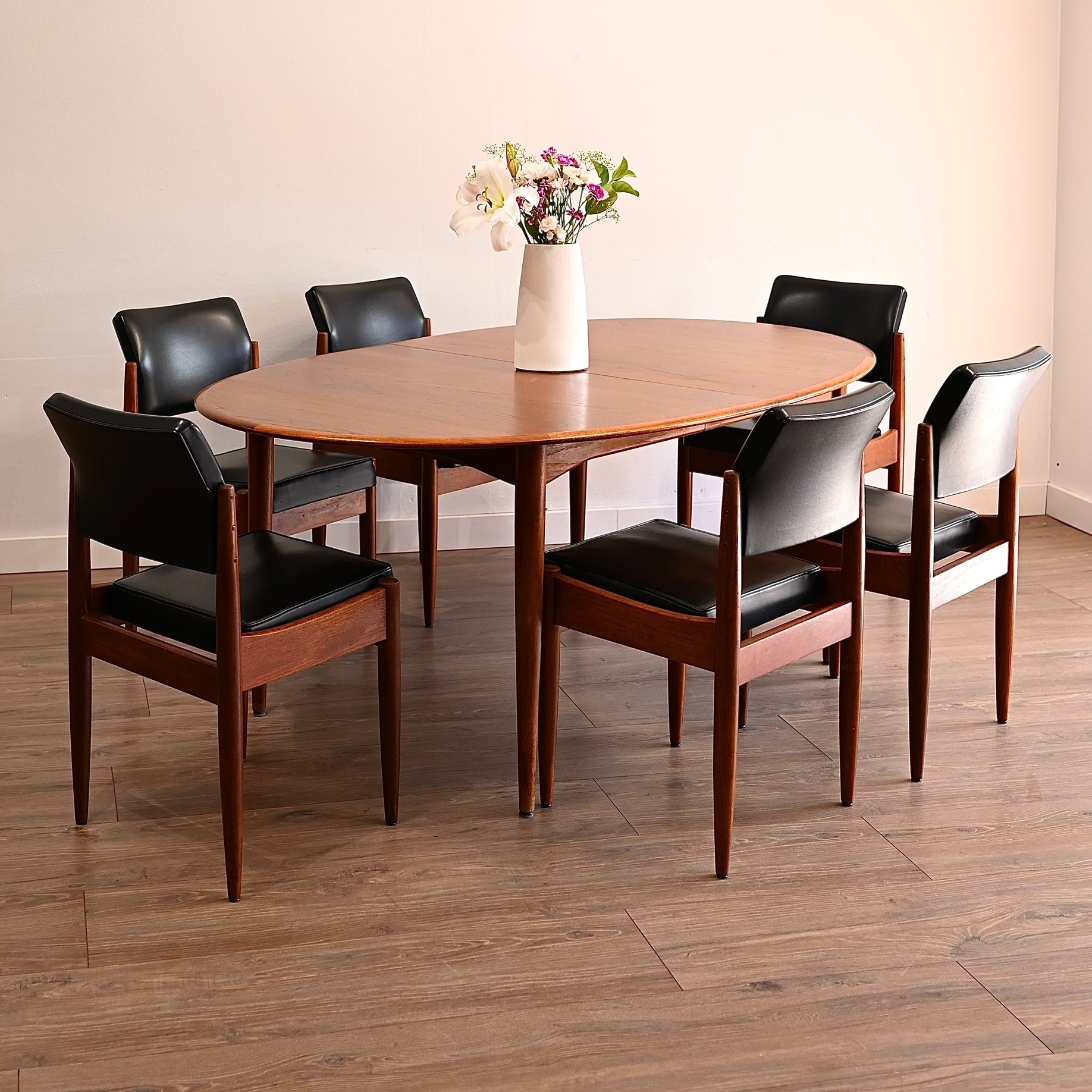6x Mid Century Teak Black Vinyl Dining Chairs by Chiswell