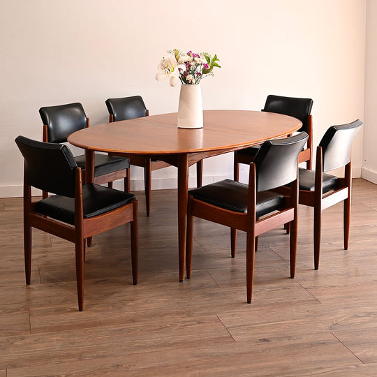 6x Mid Century Teak Black Vinyl Dining Chairs by Chiswell