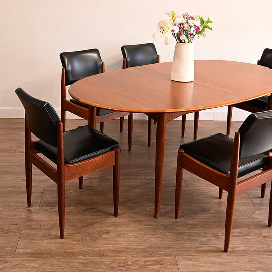 6x Mid Century Teak Black Vinyl Dining Chairs by Chiswell
