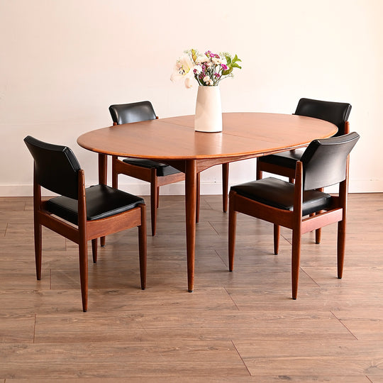 6x Mid Century Teak Black Vinyl Dining Chairs by Chiswell