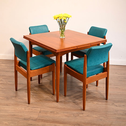 6x Mid Century Teal Patterned Vinyl Dining Chairs by Chiswell
