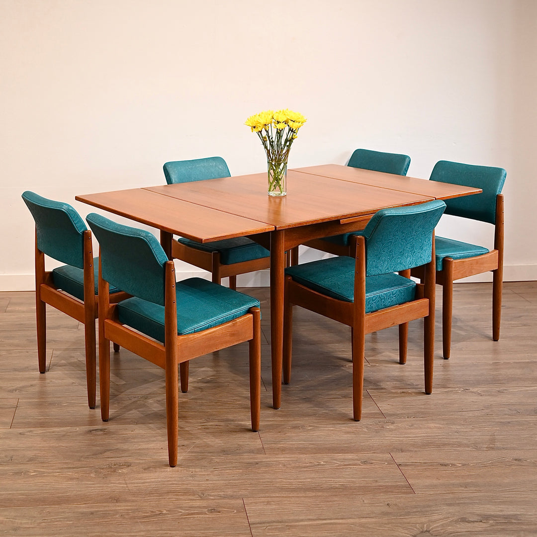6x Mid Century Teal Patterned Vinyl Dining Chairs by Chiswell