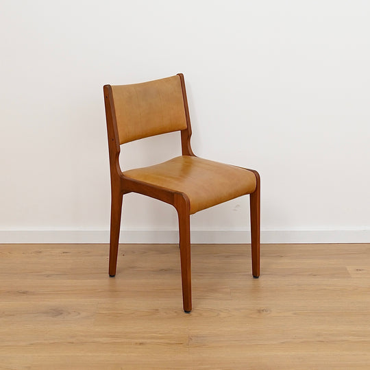 6x Mid Century Teak Dining Chairs with Mustard Leather Upholstery by John Grimes 