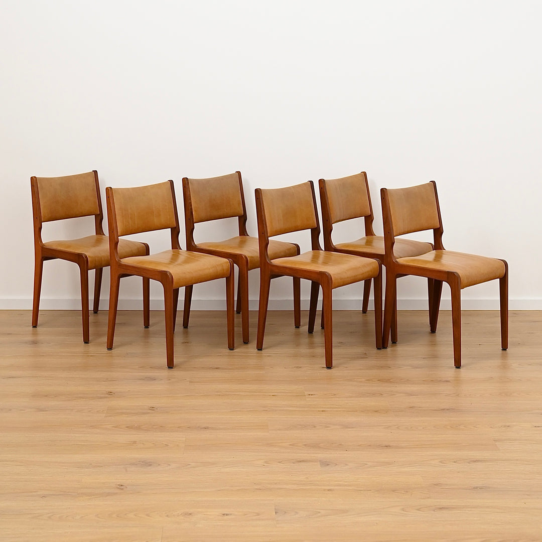 6x Mid Century Teak Dining Chairs with Mustard Leather Upholstery by John Grimes 
