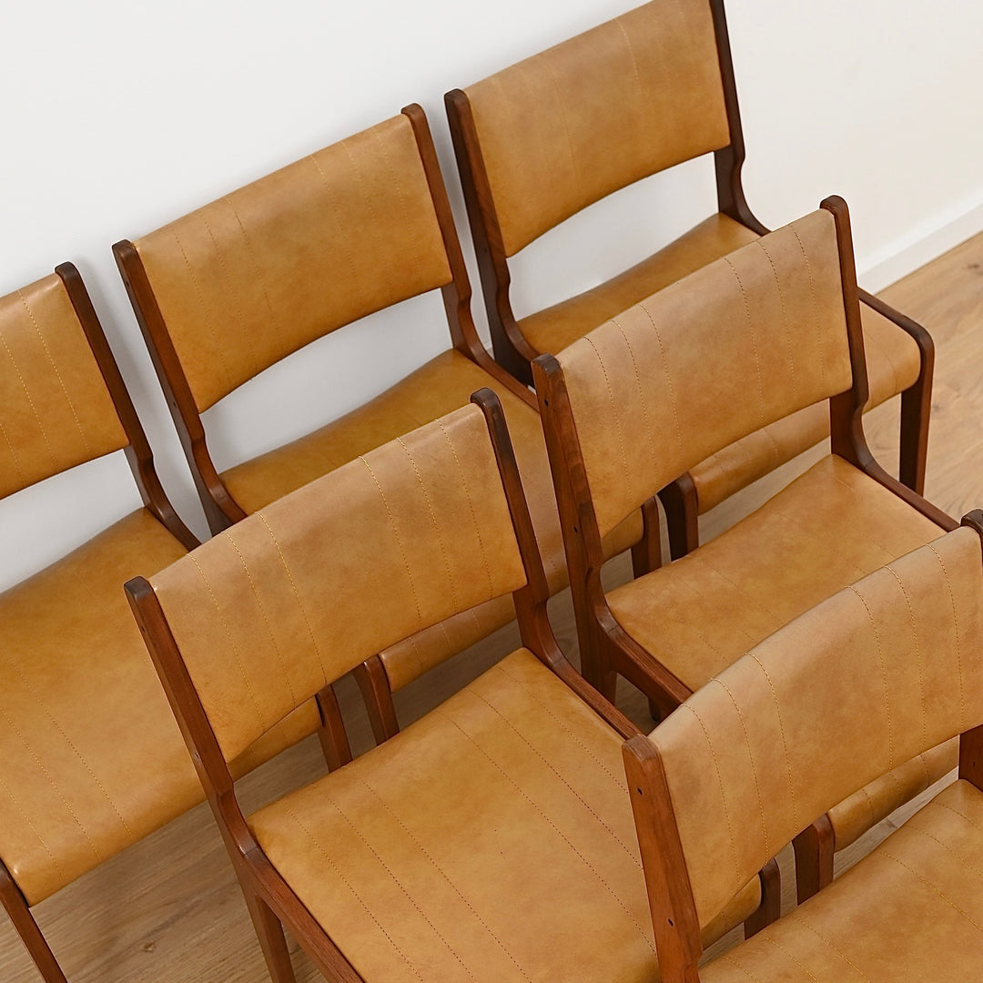 6x Mid Century Teak Dining Chairs with Mustard Leather Upholstery by John Grimes 