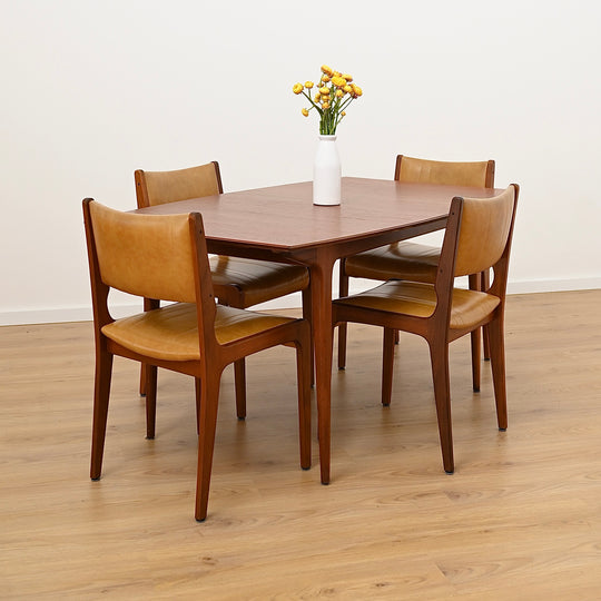 6x Mid Century Teak Dining Chairs with Mustard Leather Upholstery by John Grimes 