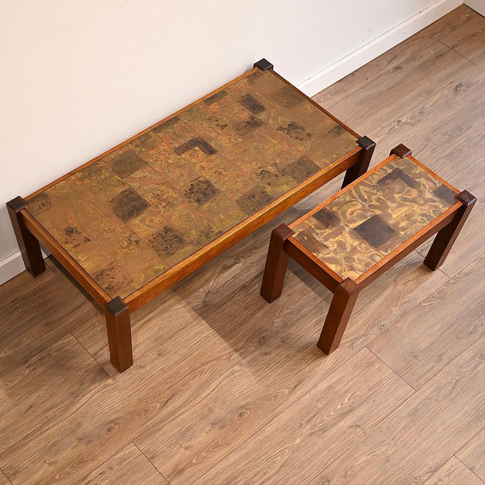 Mid Century Retro Copper Top Coffee and Side Table Pair