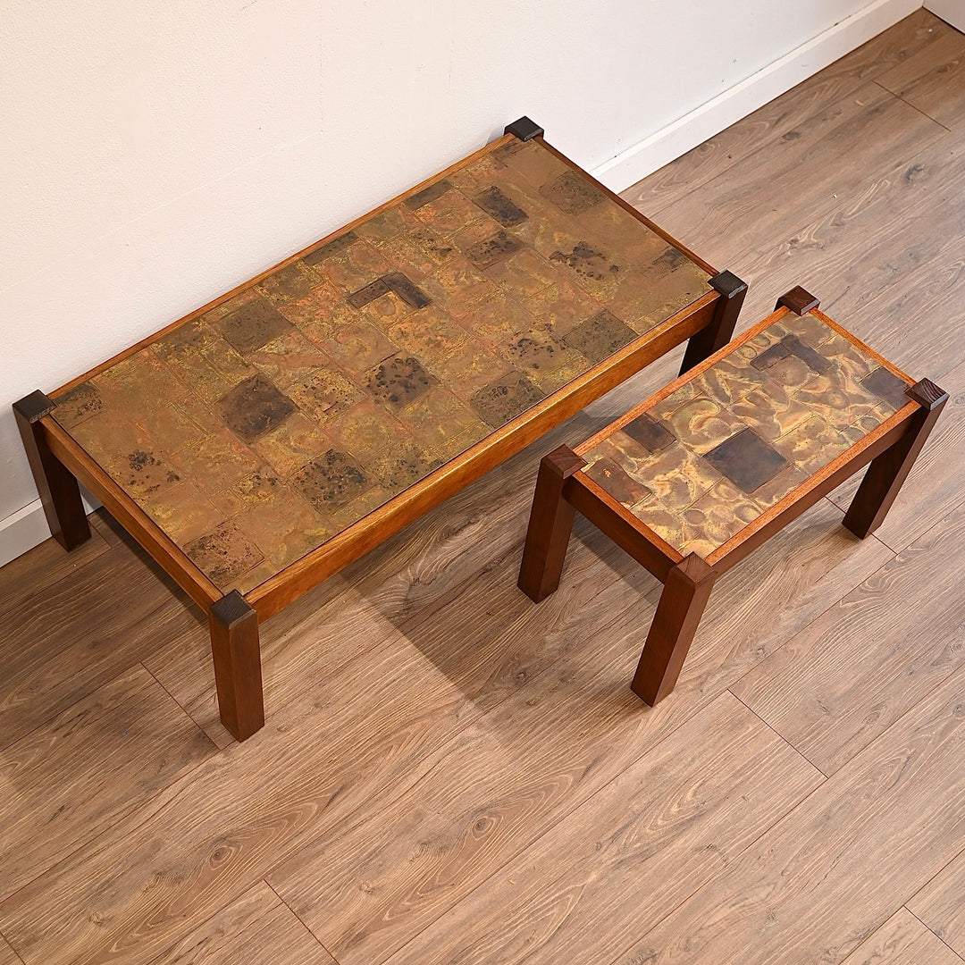 Mid Century Retro Copper Top Coffee and Side Table Pair