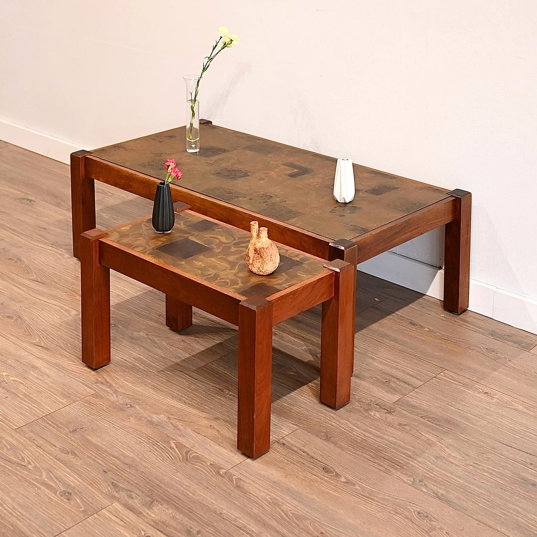 Mid Century Retro Copper Top Coffee and Side Table Pair