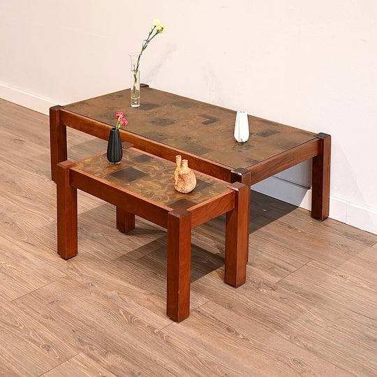 Mid Century Retro Copper Top Coffee and Side Table Pair
