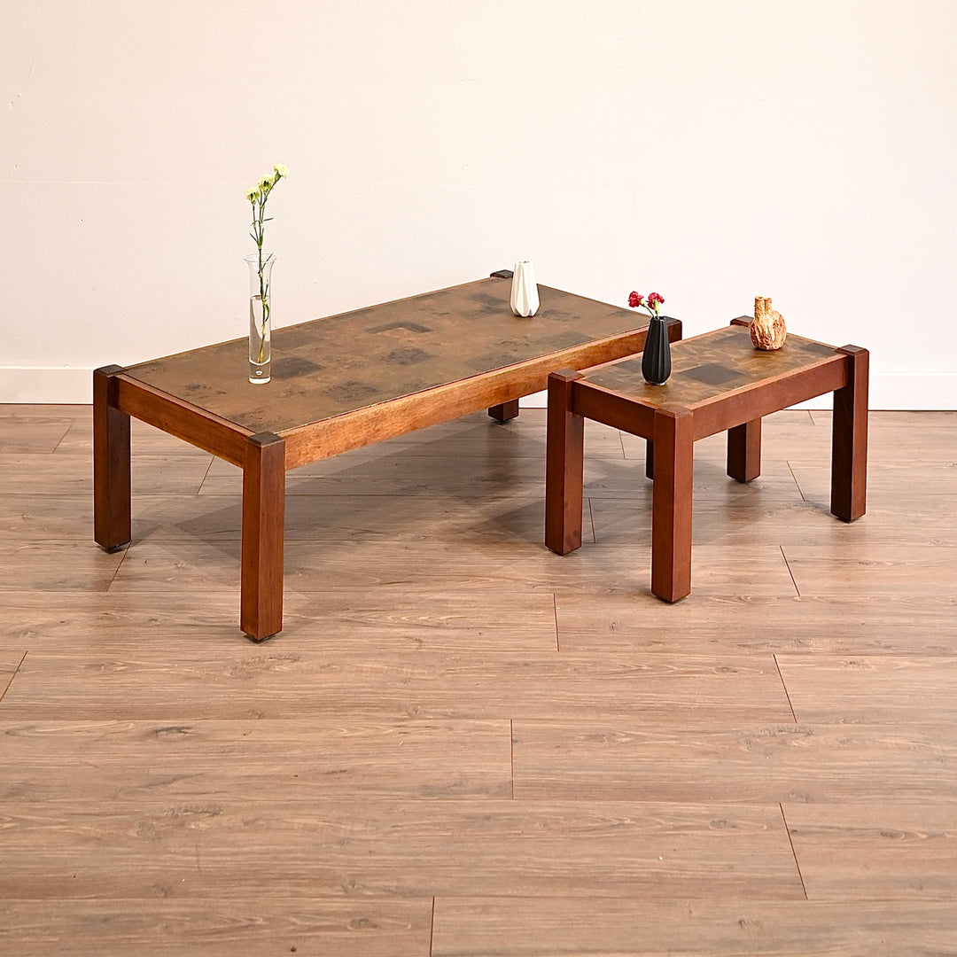 Mid Century Retro Copper Top Coffee and Side Table Pair