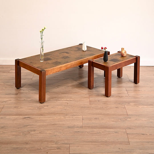 Mid Century Retro Copper Top Coffee and Side Table Pair