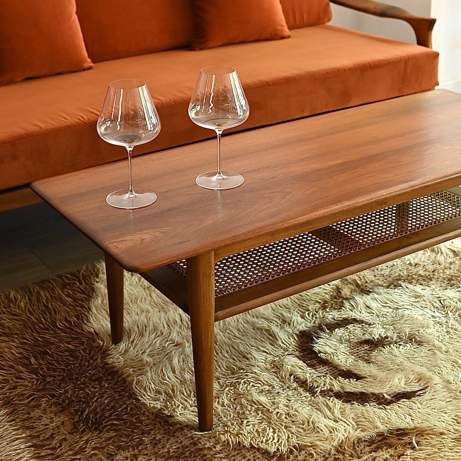 Mid Century Solid Timber Coffee Table with Rattan Magazine Shelf