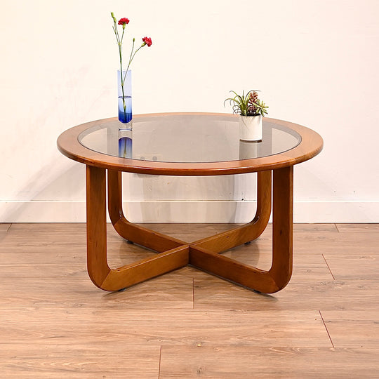 Mid Century Oak Round Coffee Table with Smoked Glass