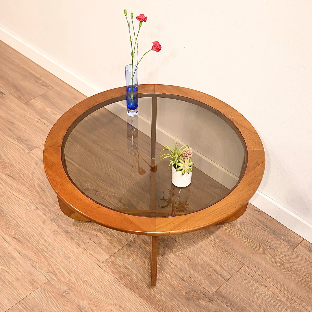 Mid Century Oak Round Coffee Table with Smoked Glass