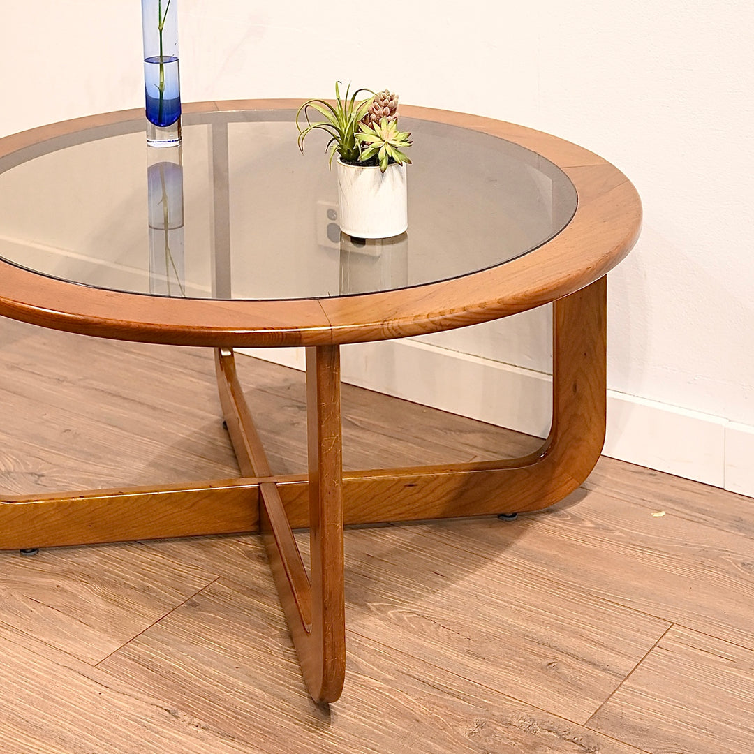 Mid Century Oak Round Coffee Table with Smoked Glass