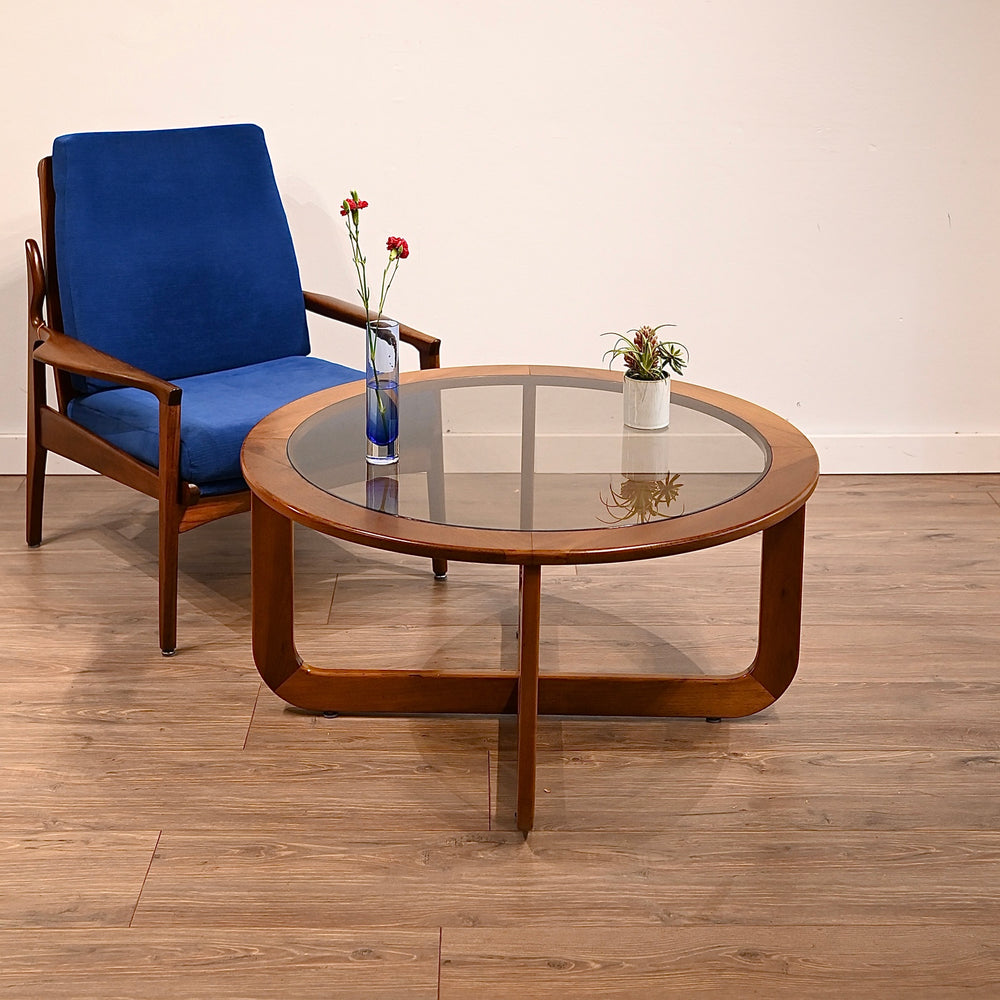 Mid Century Oak Round Coffee Table with Smoked Glass