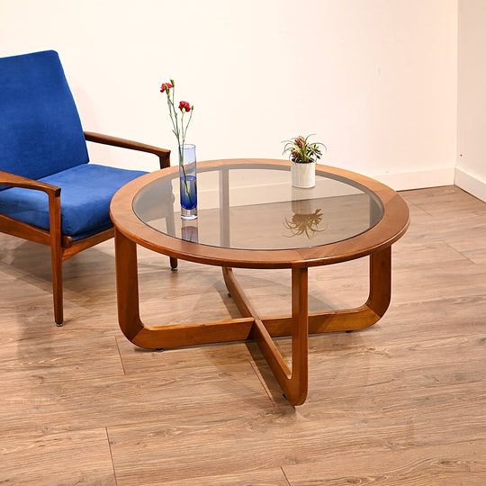 Mid Century Oak Round Coffee Table with Smoked Glass