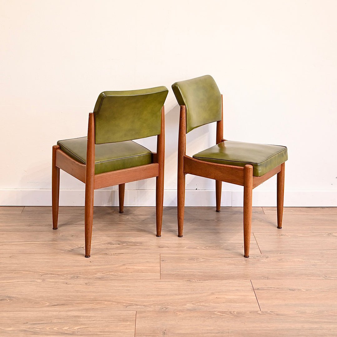 6x Mid Century Teak Green Vinyl Dining Chairs by Chiswell