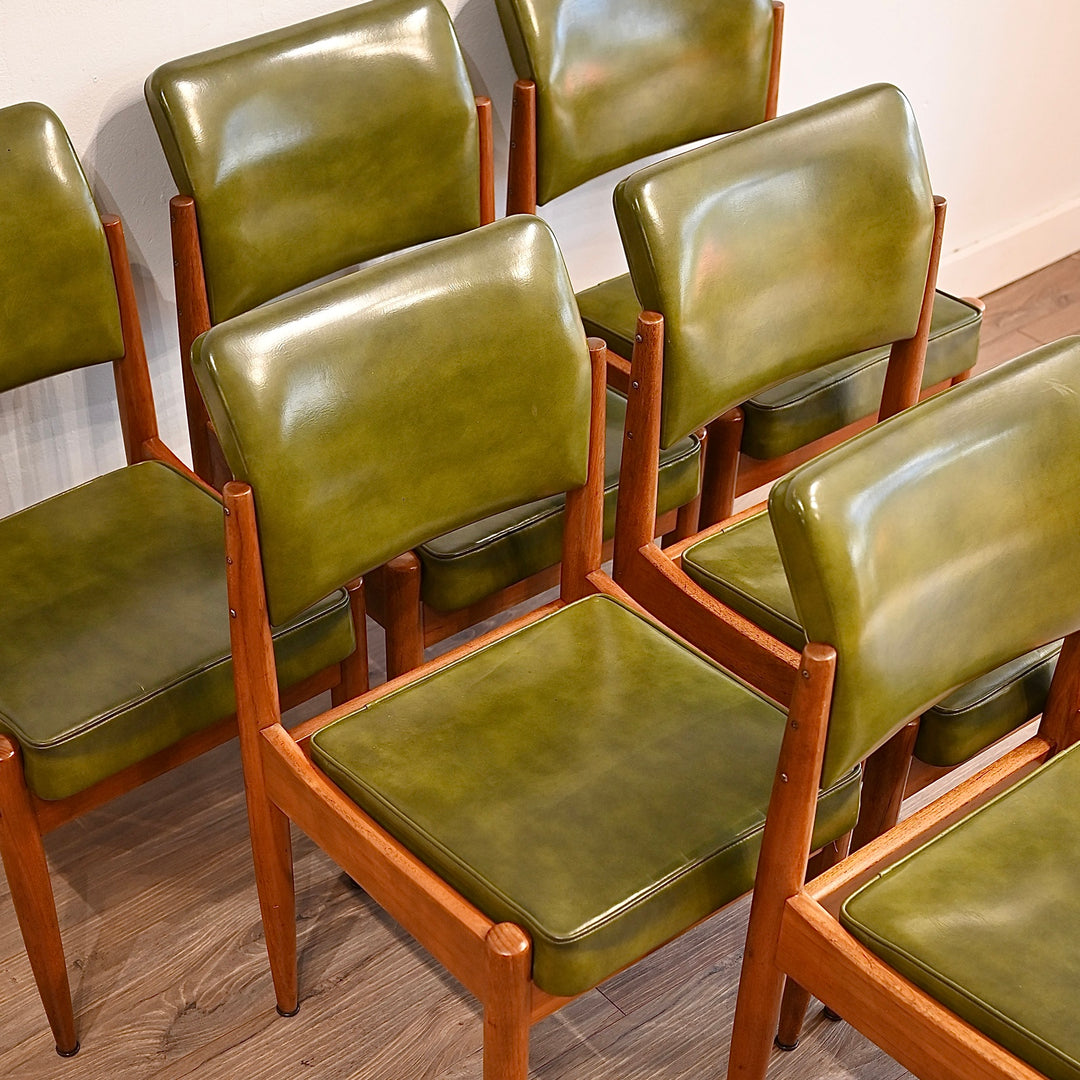 6x Mid Century Teak Green Vinyl Dining Chairs by Chiswell