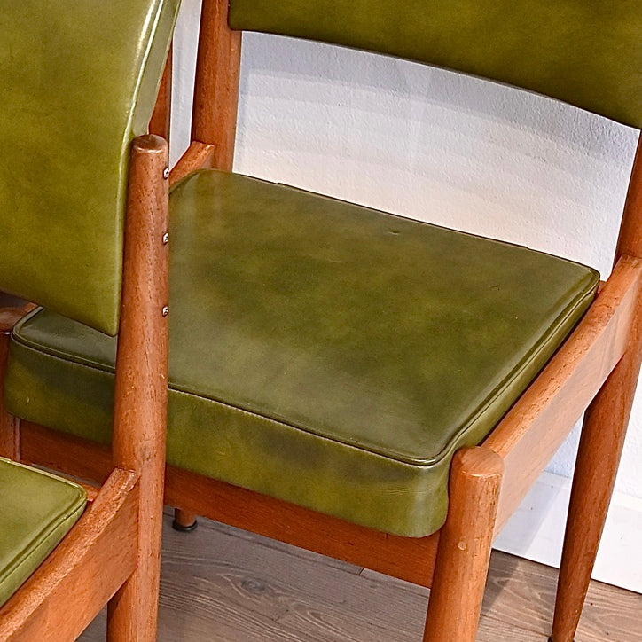 6x Mid Century Teak Green Vinyl Dining Chairs by Chiswell