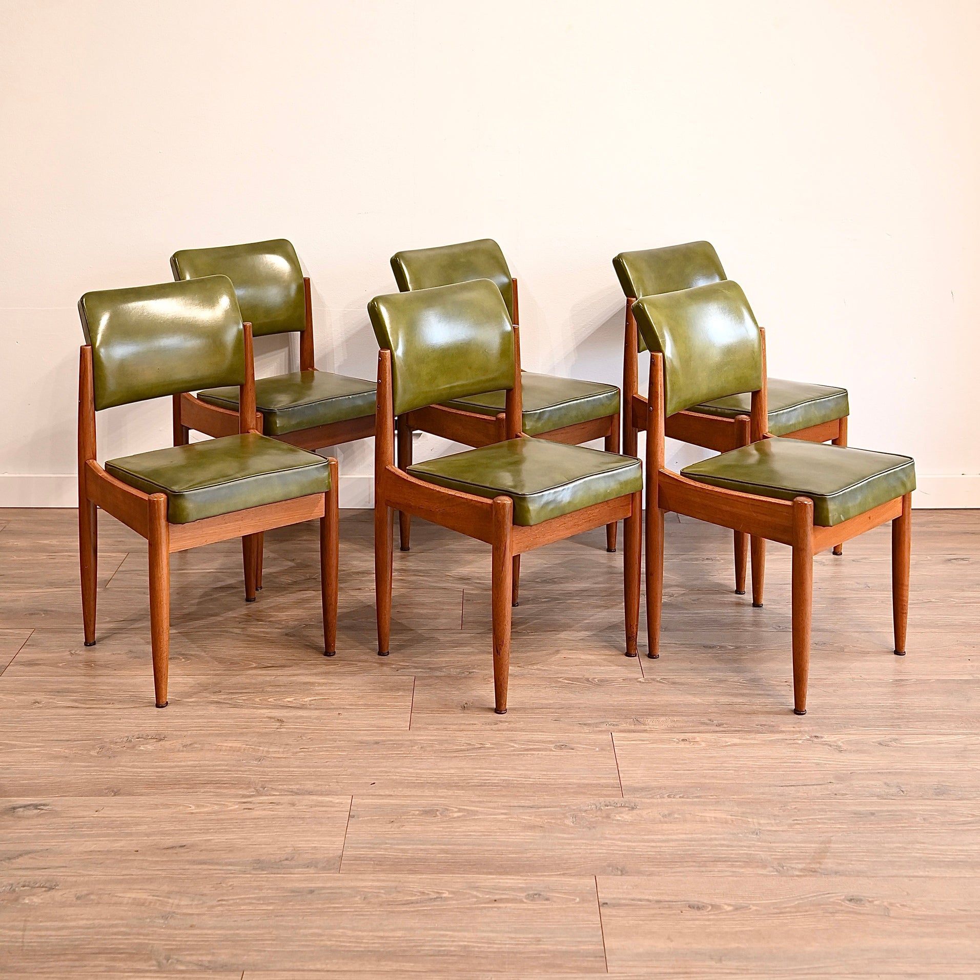 6x Mid Century Teak Green Vinyl Dining Chairs by Chiswell