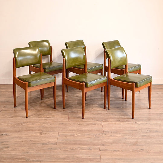 6x Mid Century Teak Green Vinyl Dining Chairs by Chiswell