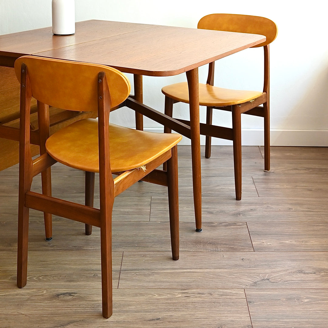 2x Mid Century Mustard Vinyl and Teak Dining Chairs by Elite