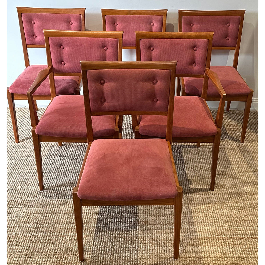 6 x Mid Century Teak Button Back Dining Chairs with Dusty Pink Upholstery by Parker