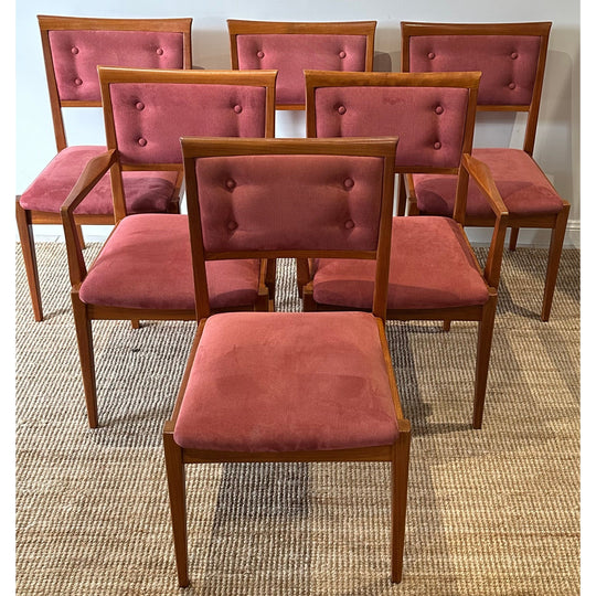 6 x Mid Century Teak Button Back Dining Chairs with Dusty Pink Upholstery by Parker