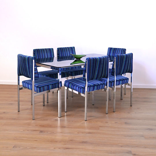 Mid Century Retro Blue Striped Velvet and Chrome Dining Set by ULTRA