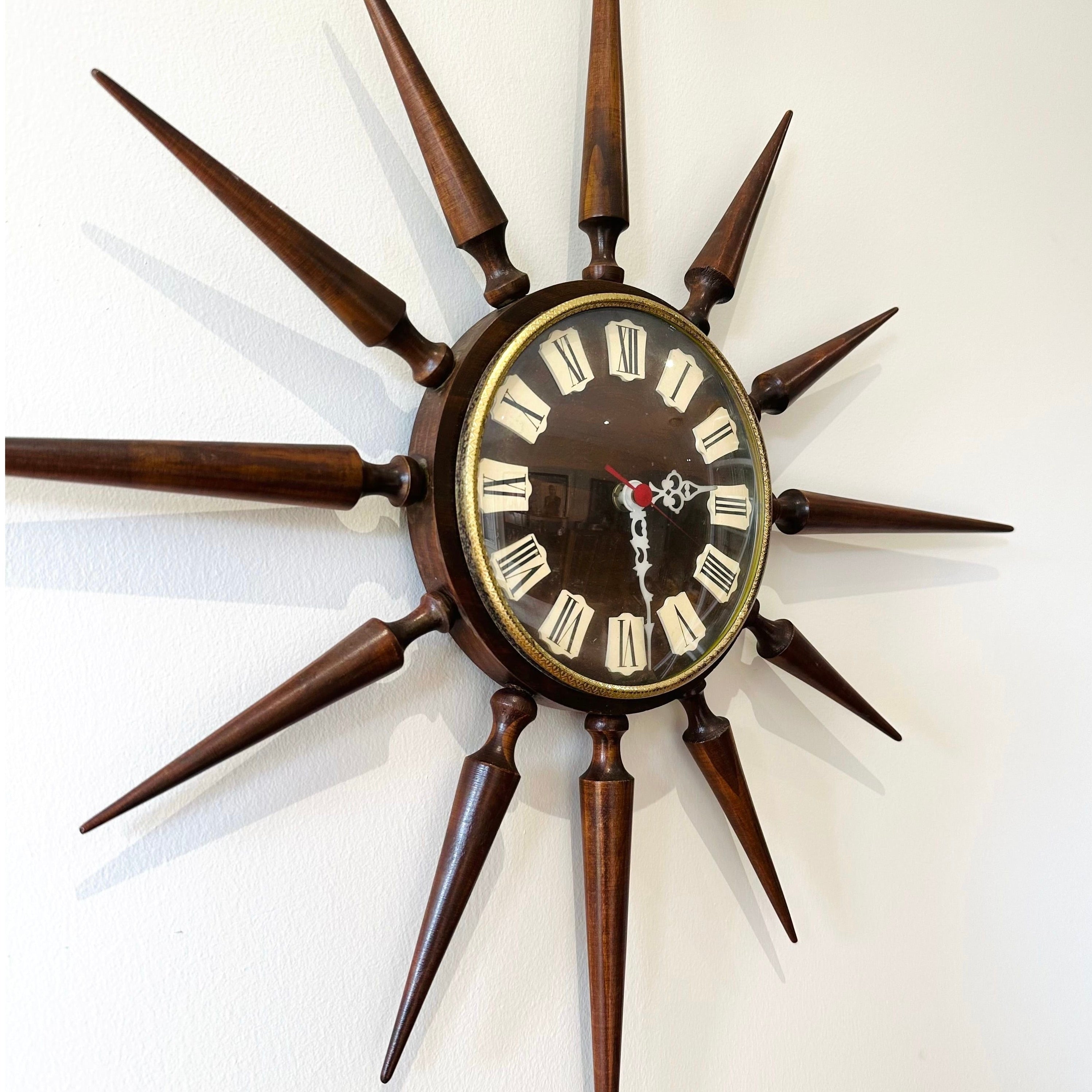 Mid Century Teak Starburst / Sunburst Wall Clock with Junghans mechanism