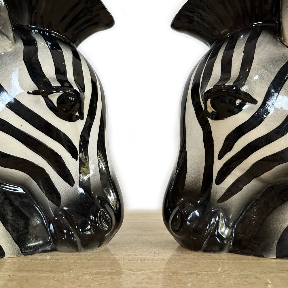 Retro Pair of Zebra Head Ceramic Pots Planters