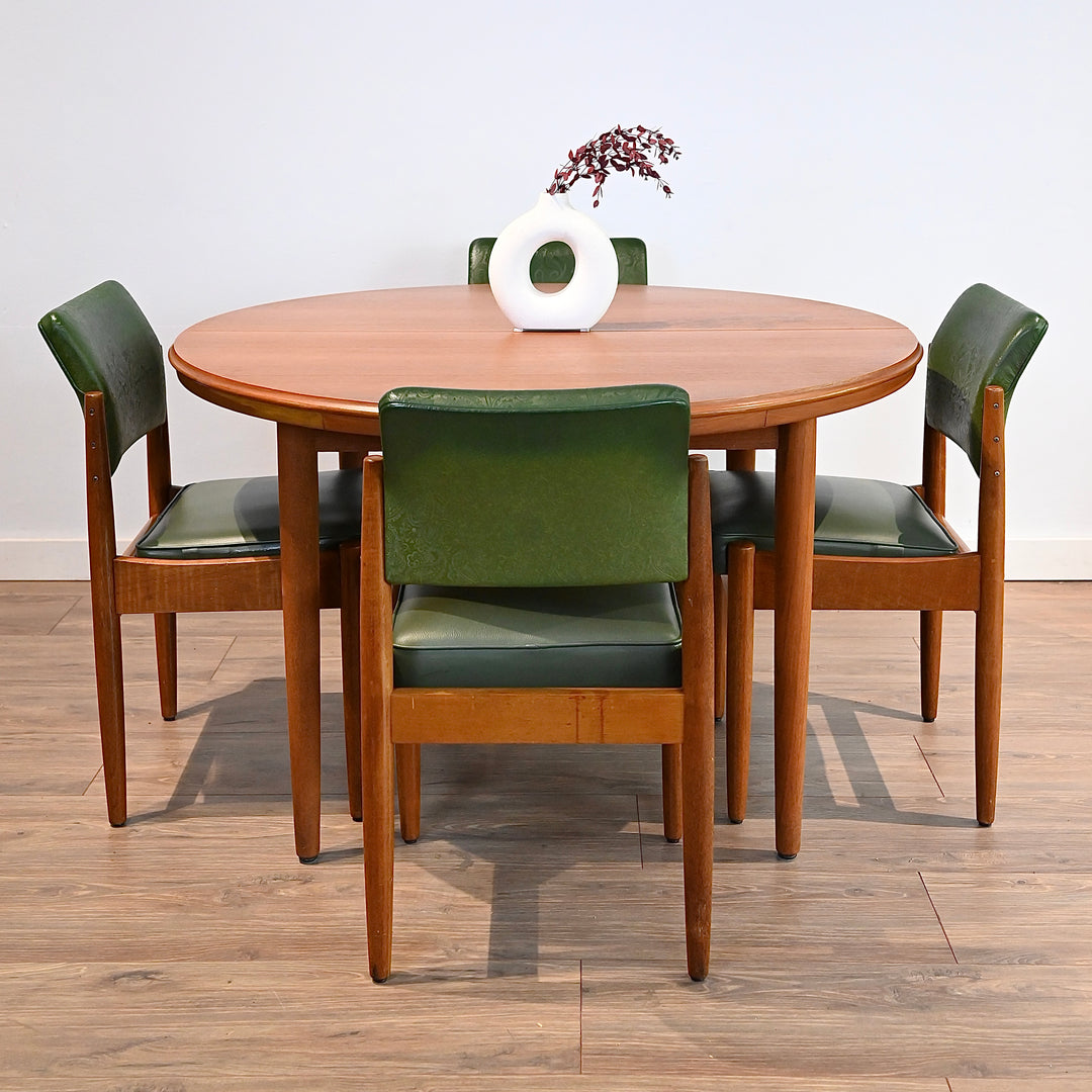 4x Mid Century Teak Green Vinyl Dining Chairs by Chiswell