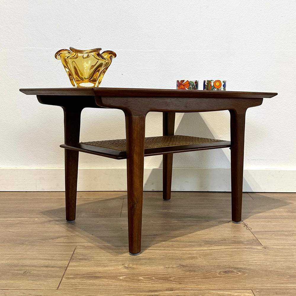 Danish Mid Century Small Coffee Table with Rattan Shelf