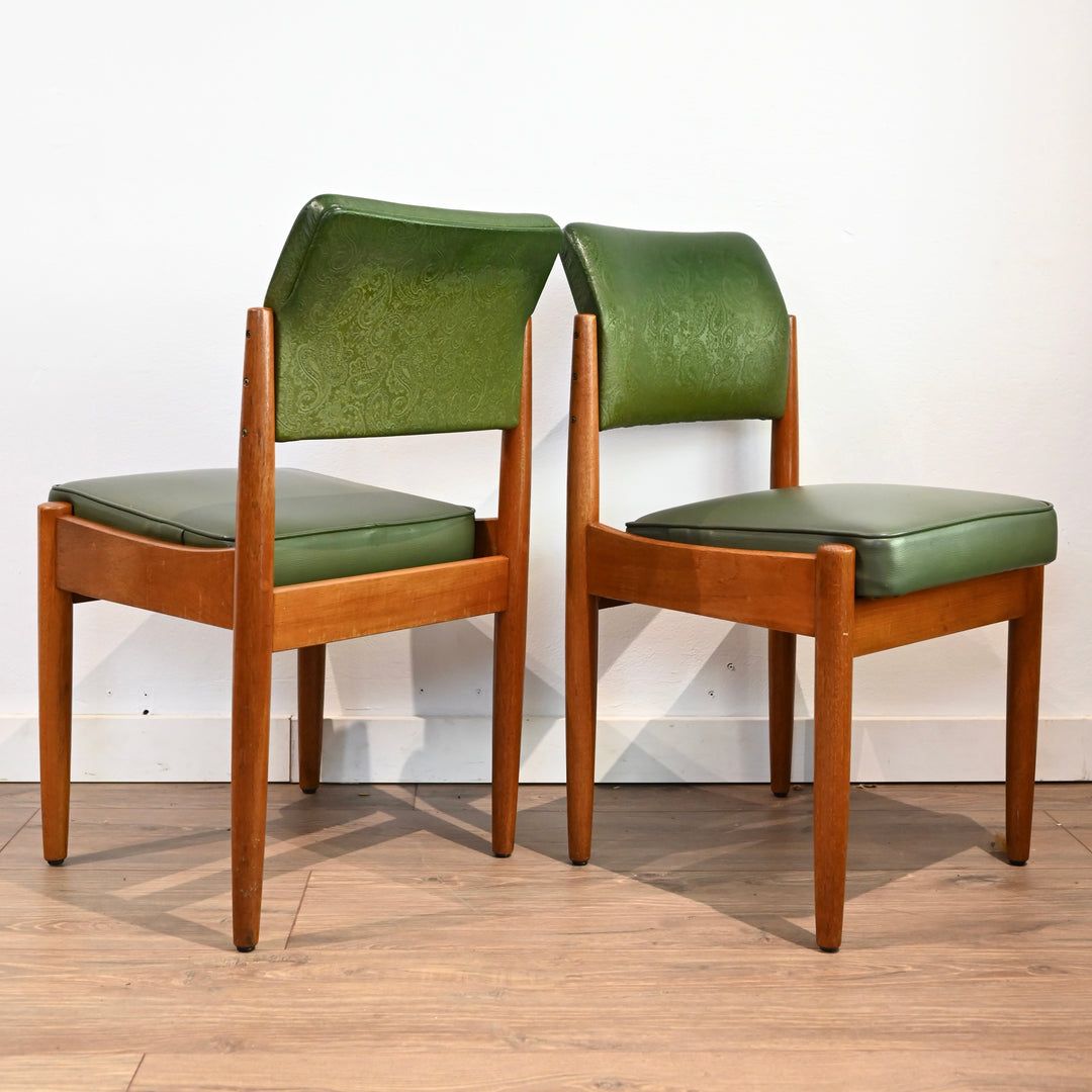 4x Mid Century Teak Green Vinyl Dining Chairs by Chiswell