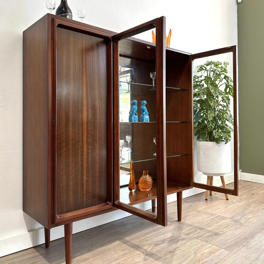 Mid Century Walnut Sideboard Buffet Display Cabinet by Chiswell