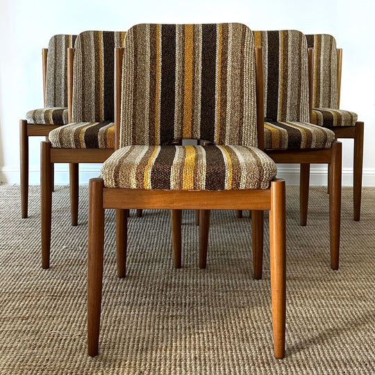 6 x Mid Century teak and retro striped dining chairs by CRO