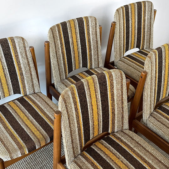 6 x Mid Century teak and retro striped dining chairs by CRO