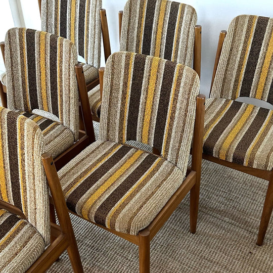 6 x Mid Century teak and retro striped dining chairs by CRO