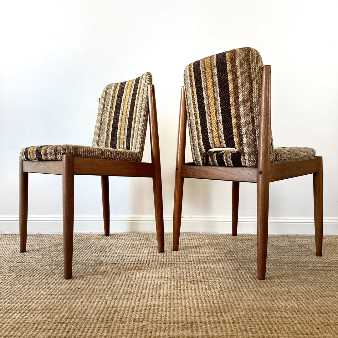 6 x Mid Century teak and retro striped dining chairs by CRO