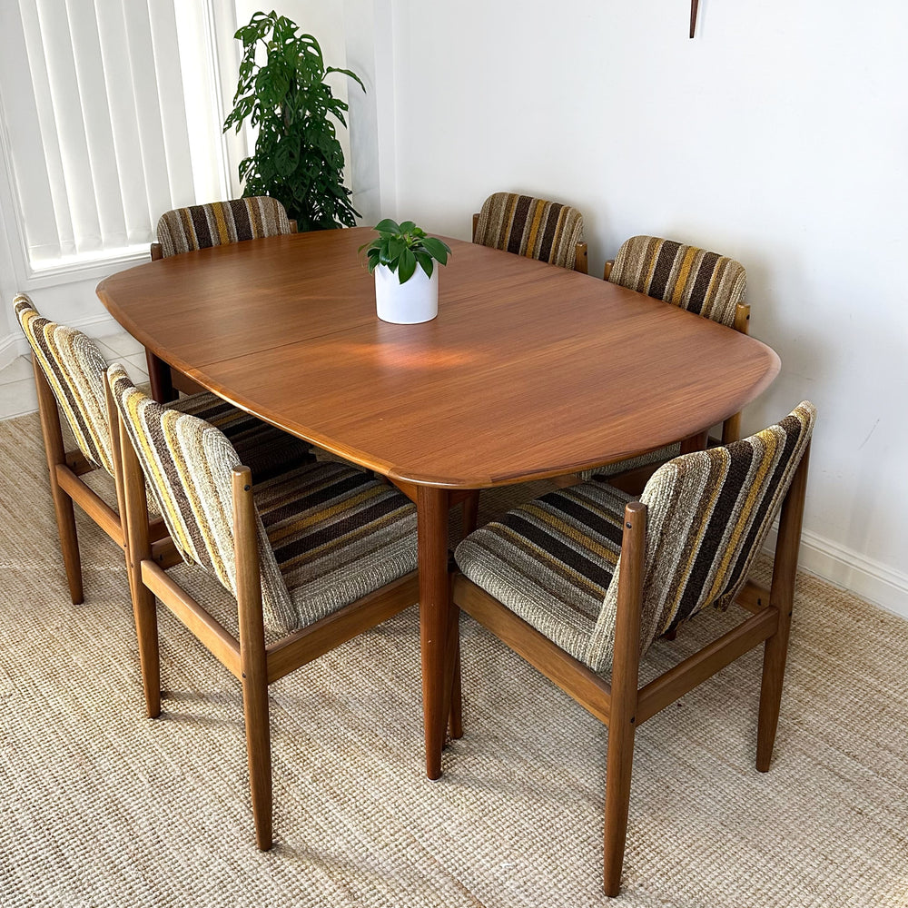 6 x Mid Century teak and retro striped dining chairs by CRO