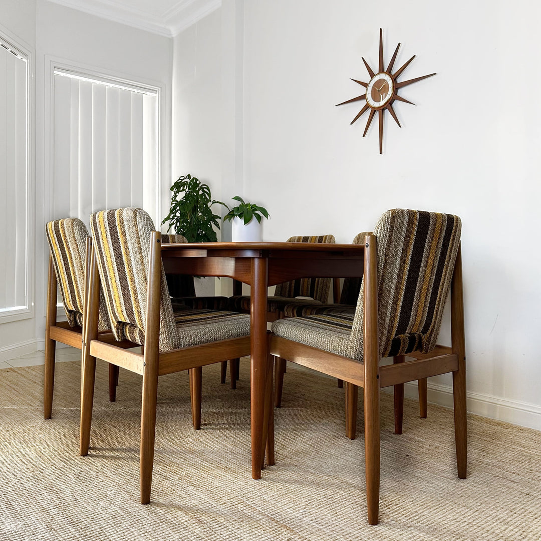 6 x Mid Century teak and retro striped dining chairs by CRO